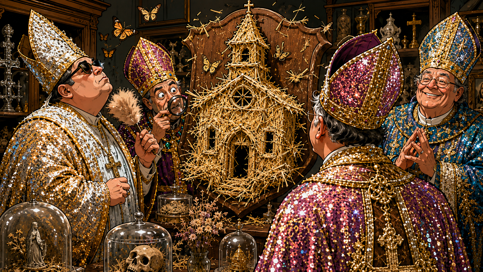 Illustration BD humoristique : une église de paille empaillée observée par des prêtres en habits liturgiques pailletés.