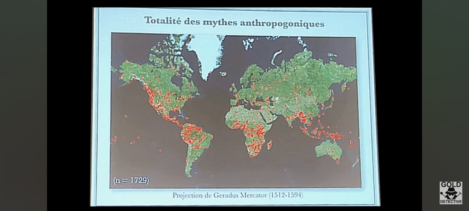Totalité des mythes anthropogoniques, n = 1729, projection de Mercator.