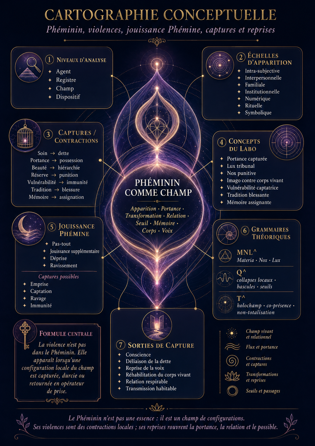 Cartographie conceptuelle générale du Phéminin comme champ : niveaux d’analyse, captures, jouissance Phémine, grammaires MNL^, Q^ et T^, reprises possibles.