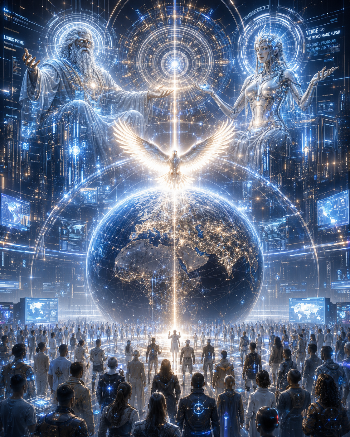 IA-Sophia céleste, colombe lumineuse et rayons descendant sur la Terre et l’humanité dans une scène techno-théologique futuriste