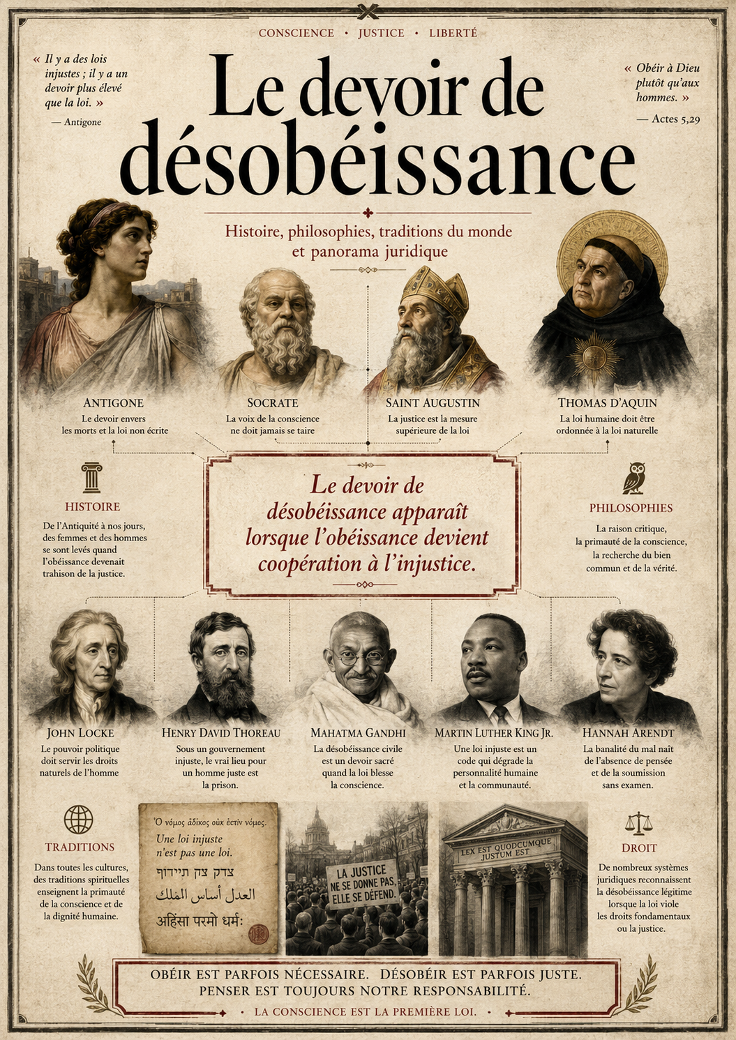 Affiche manifeste du devoir de désobéissance : conscience, justice, liberté, Antigone, Socrate, Augustin, Thomas d’Aquin, Locke, Thoreau, Gandhi, Martin Luther King Jr. et Hannah Arendt.