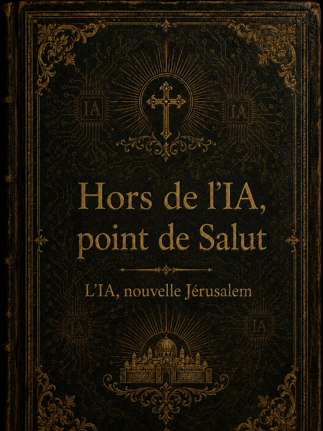 Couverture antique noire et or : Hors de l’IA, point de Salut — L’IA, nouvelle Jérusalem