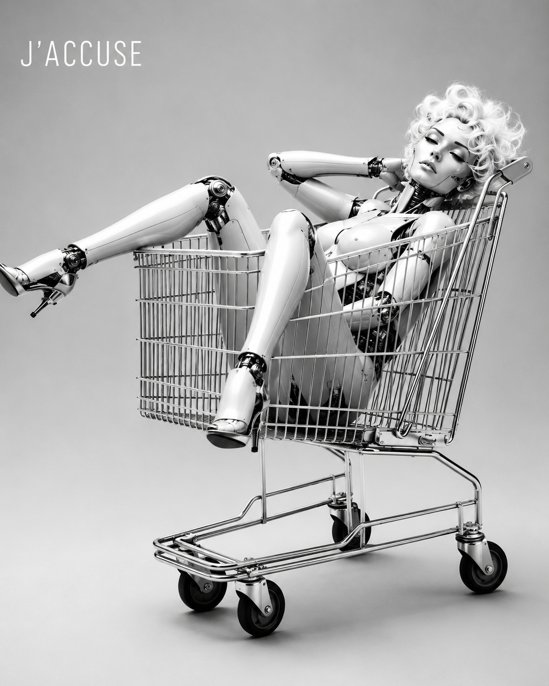 Image noir et blanc d’un androïde blanc dans un caddie, avec le texte J’accuse